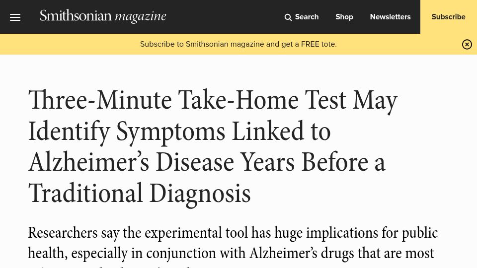Screenshot of smithsonianmag.com: Three-Minute Take-Home Test May Identify Symptoms Linked to Alzheimer's Disease