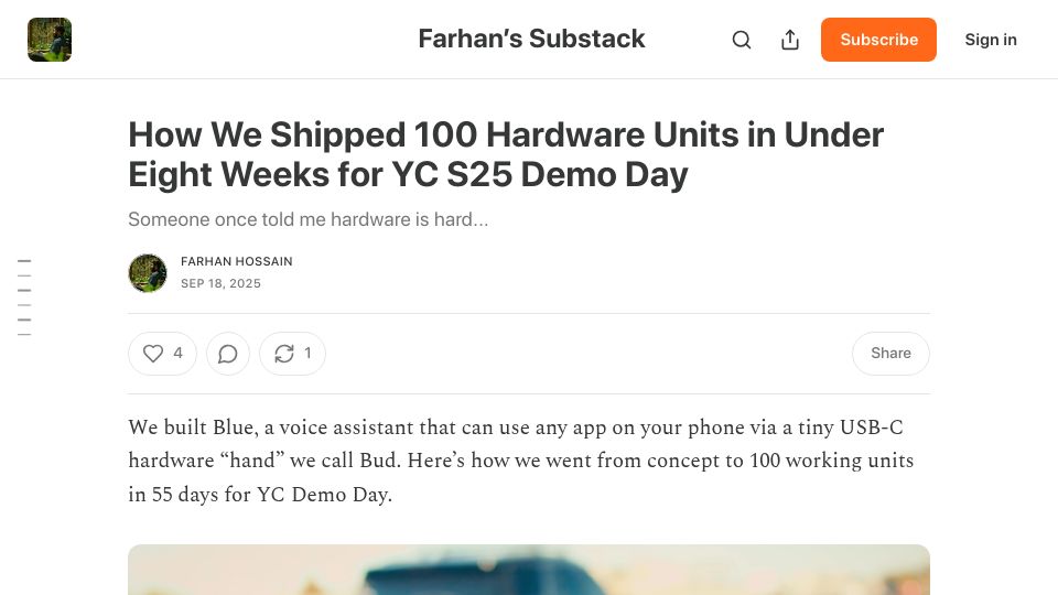Screenshot of farhanhossain.substack.com: Shipping 100 hardware units in under eight weeks