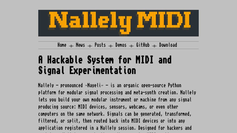 Screenshot of dr-schlange.github.io: Show HN: Nallely – A Python signals/MIDI processing system inspired by Smalltalk