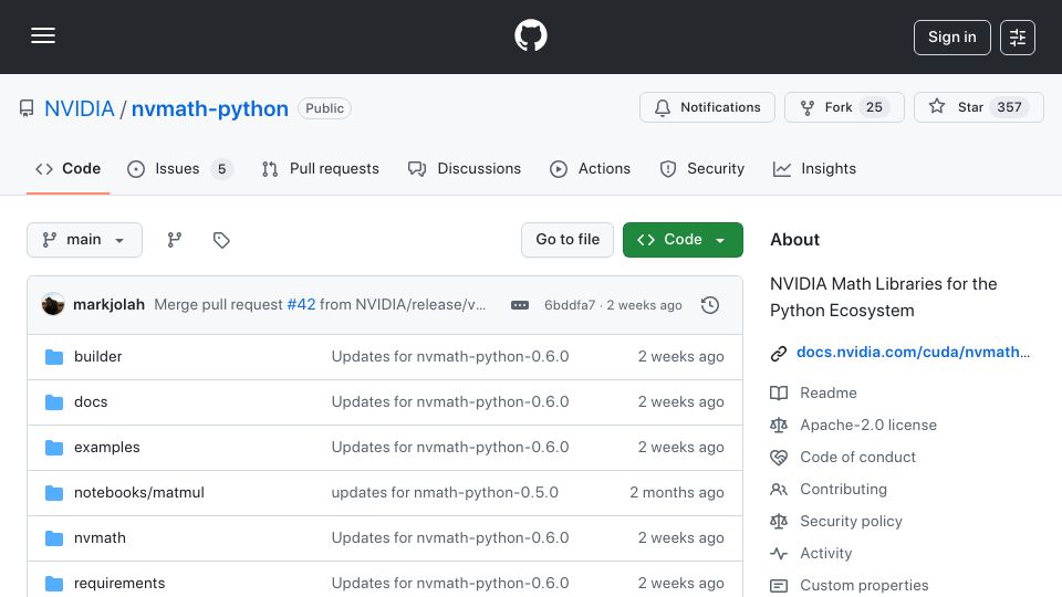 Screenshot of github.com: Nvmath-Python: Nvidia Math Libraries for the Python Ecosystem