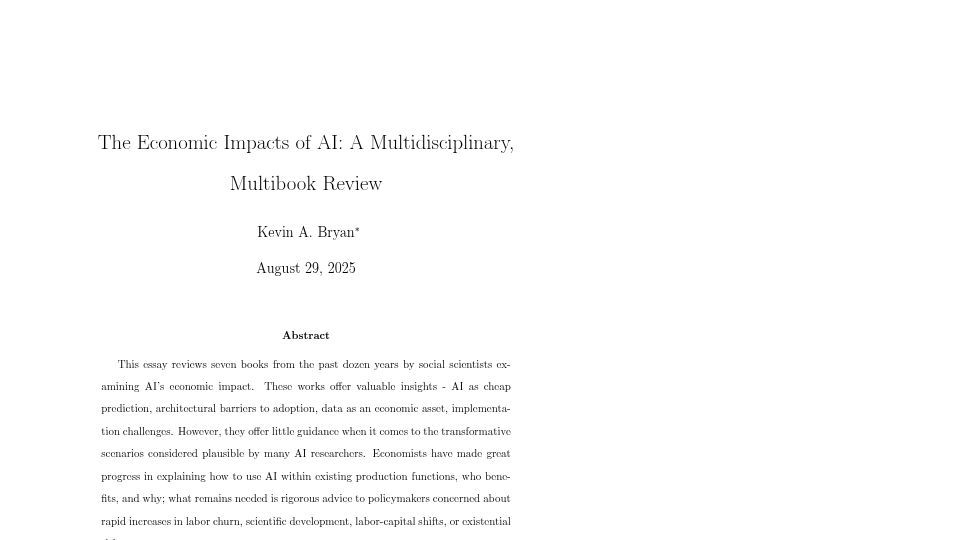 Screenshot of kevinbryanecon.com: The Economic Impacts of AI: A Multidisciplinary, Multibook Review [pdf]