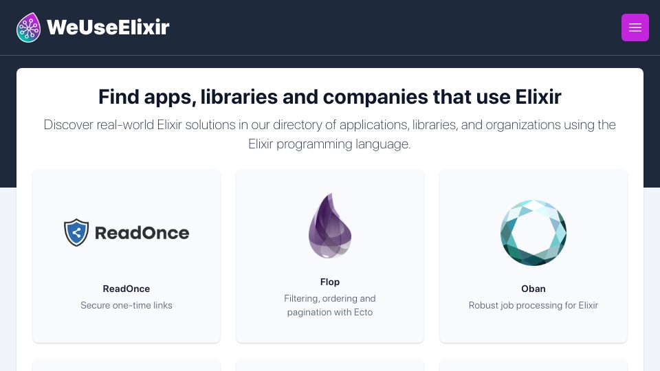 Screenshot of weuseelixir.com: Show HN: WeUseElixir - Elixir project directory