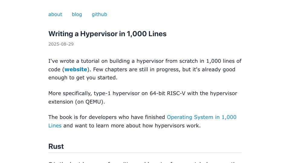 Screenshot of seiya.me: Writing a Hypervisor in 1k Lines