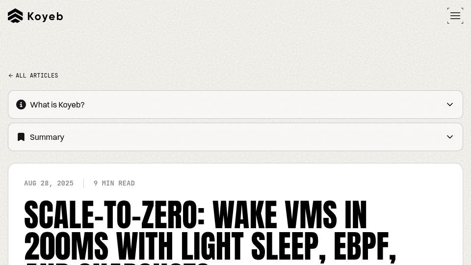 Screenshot of koyeb.com: Light Sleep: Waking VMs in 200ms with eBPF and snapshots