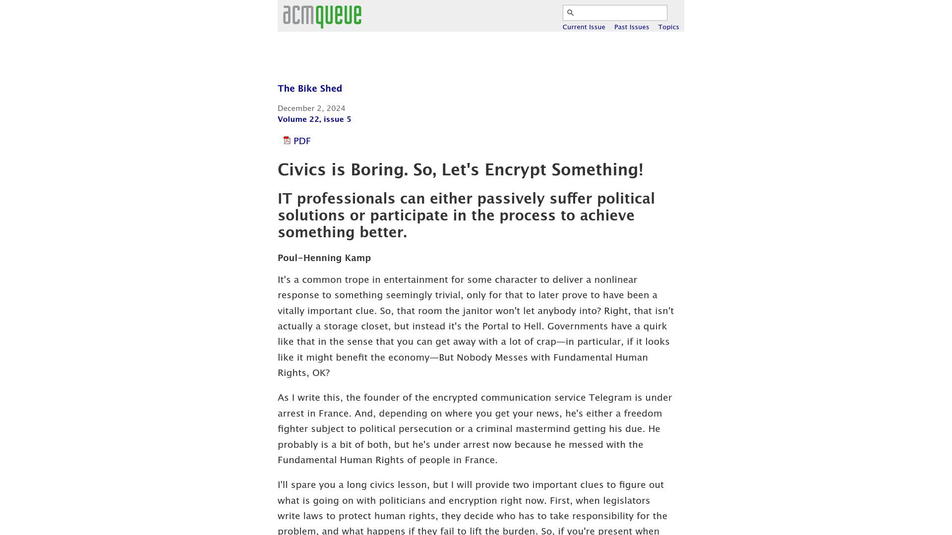 Screenshot of queue.acm.org: Civics is boring, so, let's encrypt something (2024)