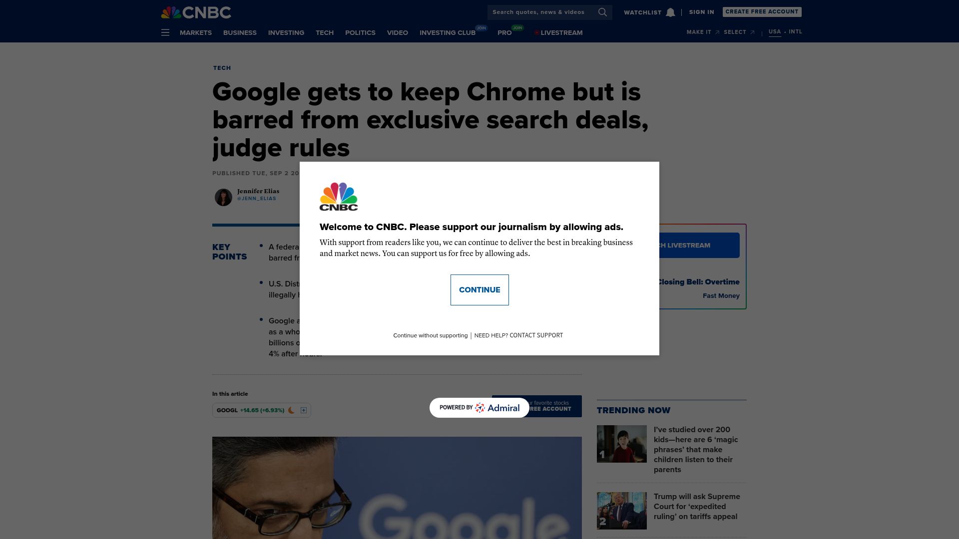 Screenshot of cnbc.com: Google can keep its Chrome browser but will be barred from exclusive contracts
