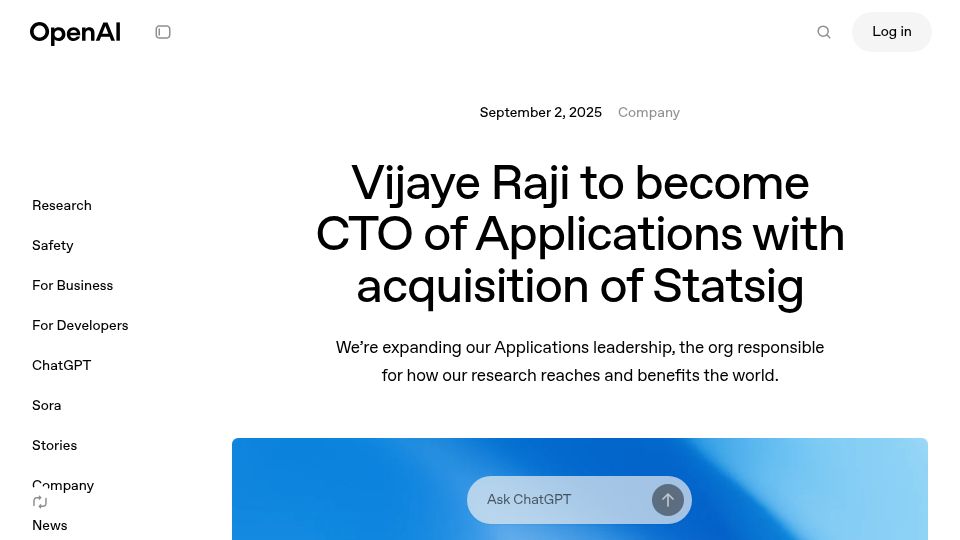 Screenshot of openai.com: Vijaye Raji to become CTO of Applications with acquisition of Statsig