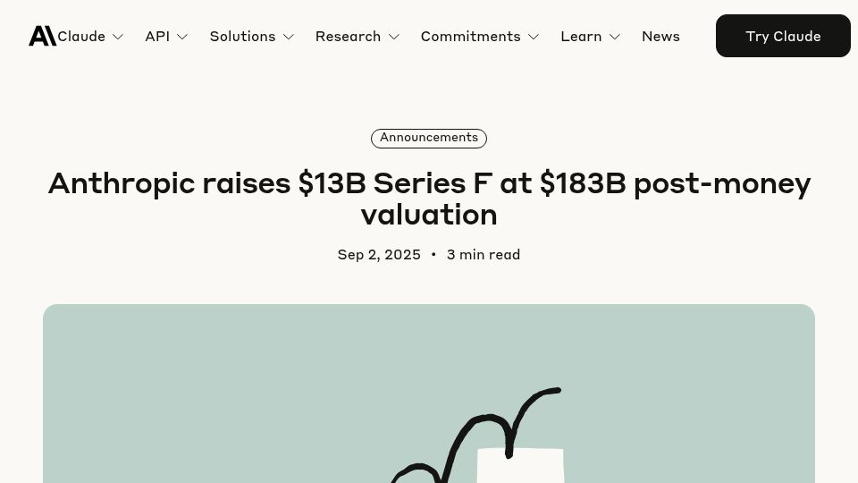 Screenshot of anthropic.com: Anthropic raises $13B Series F