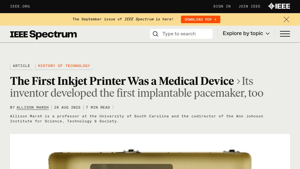 Screenshot of spectrum.ieee.org: The first inkjet printer was a medical device