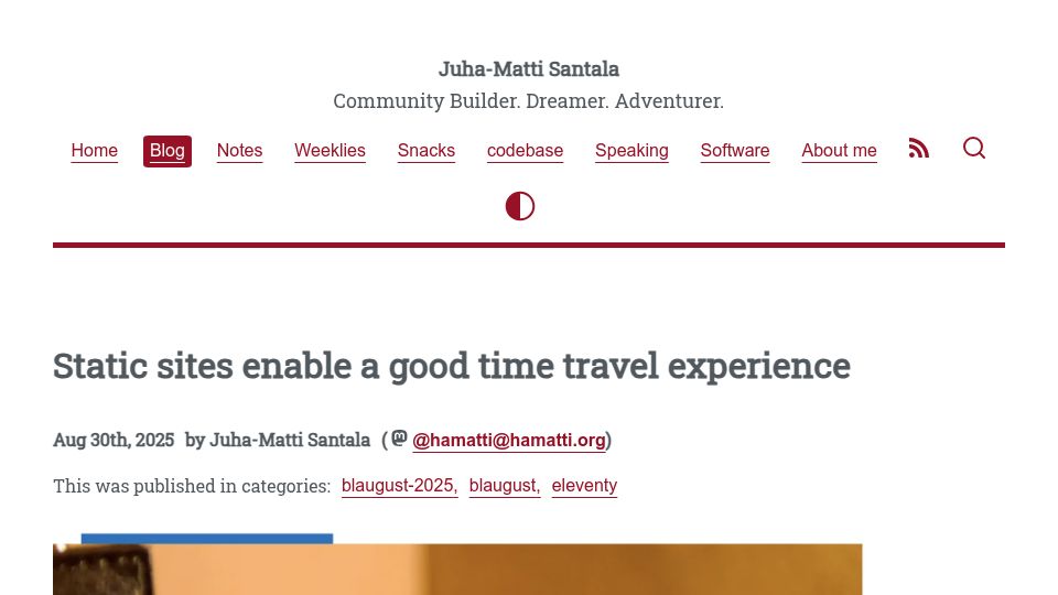 Screenshot of hamatti.org: Static sites enable a good time travel experience