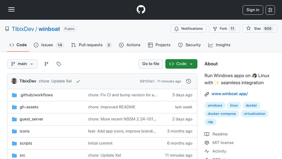 Screenshot of github.com: WinBoat: Run Windows apps on Linux with seamless integration