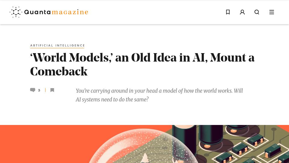 Screenshot of quantamagazine.org: 'World Models,' an old idea in AI, mount a comeback