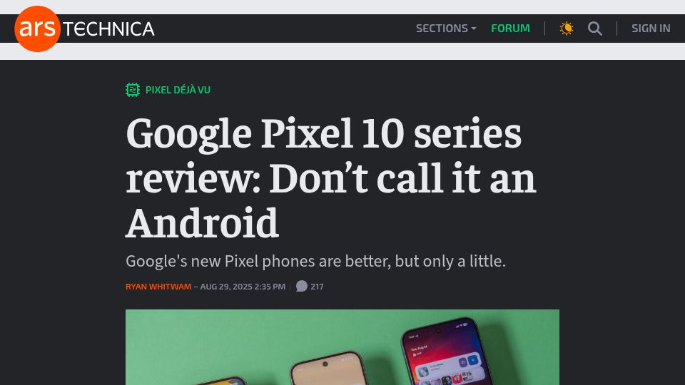 Screenshot of arstechnica.com: Google Pixel 10 series review