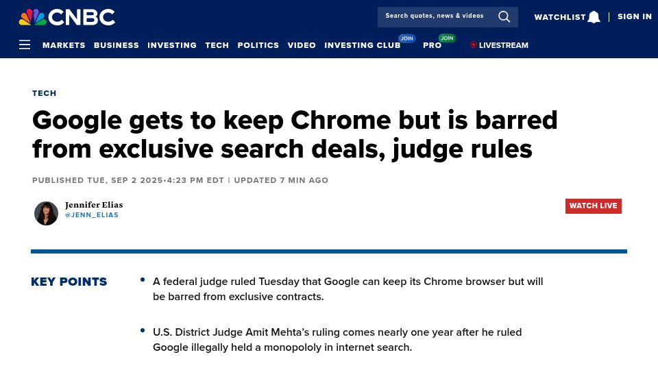Screenshot of cnbc.com: Google can keep its Chrome browser but will be barred from exclusive contracts