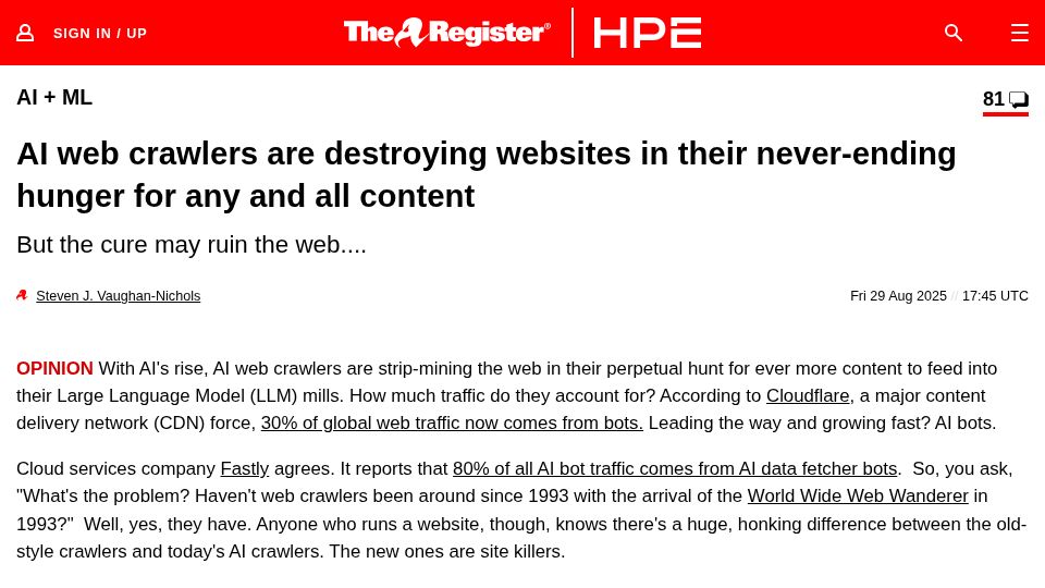 Screenshot of theregister.com: AI web crawlers are destroying websites in their never-ending content hunger