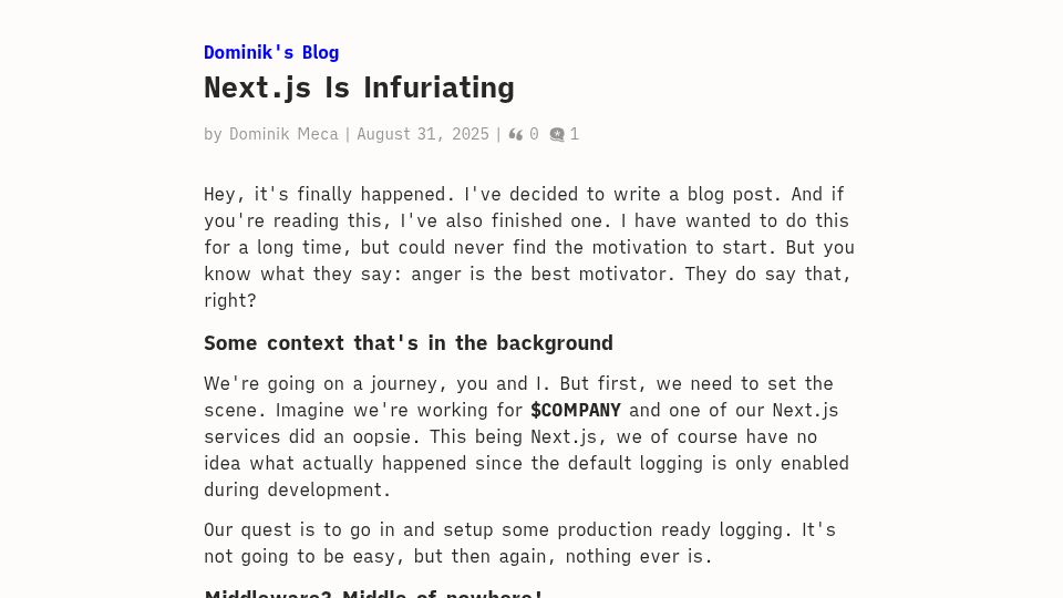 Screenshot of blog.meca.sh: Next.js is infuriating