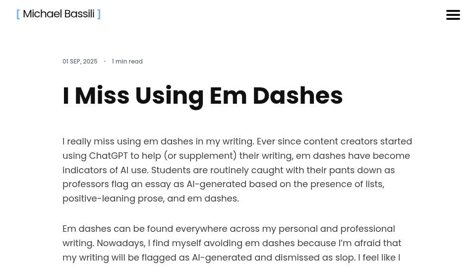 Screenshot of bassi.li: I Miss Using Em Dashes