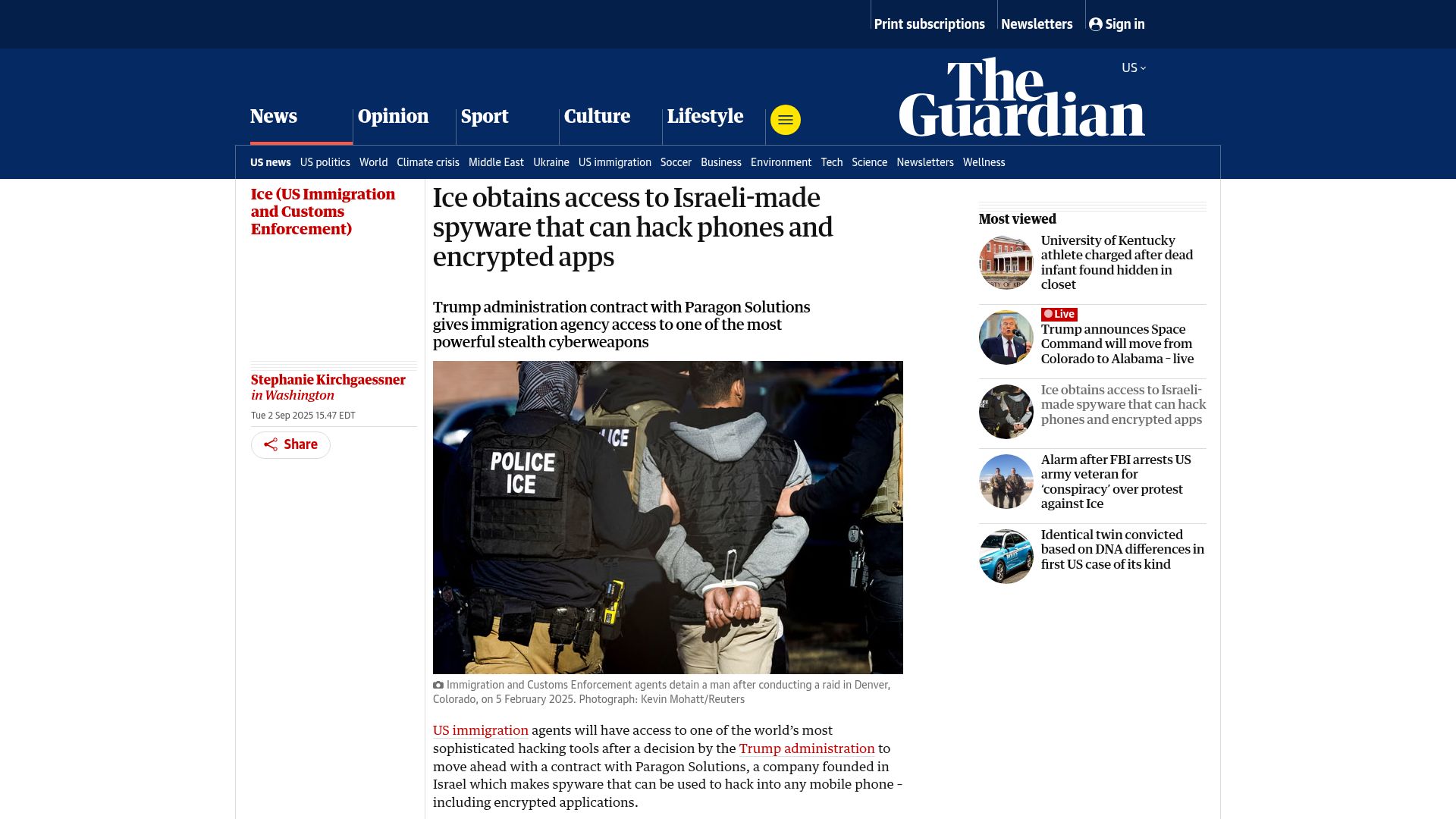 Screenshot of theguardian.com: ICE obtains access to Israeli-made spyware that hack phones and encrypted apps