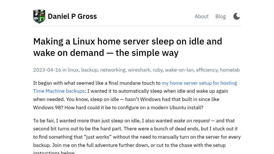 Screenshot of dgross.ca: Making a Linux home server sleep on idle and wake on demand (2023)