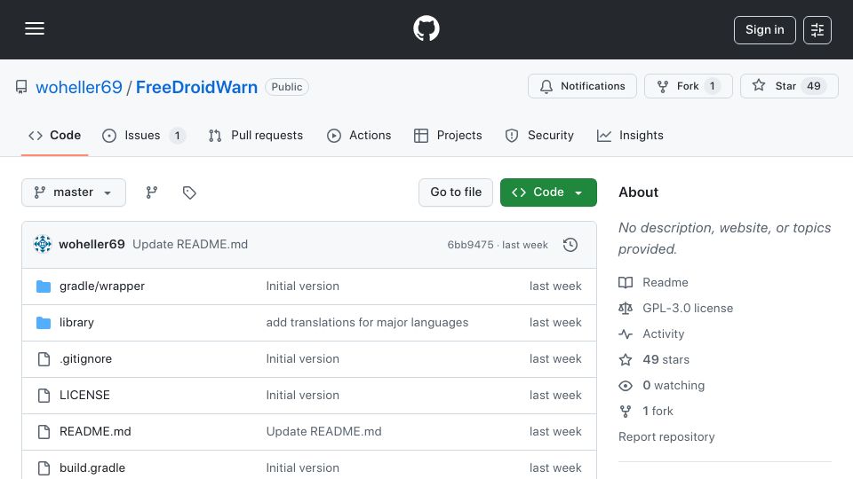Screenshot of github.com: FreeDroidWarn