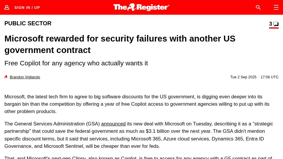 Screenshot of theregister.com: Microsoft rewarded for security failures with another US Government contract