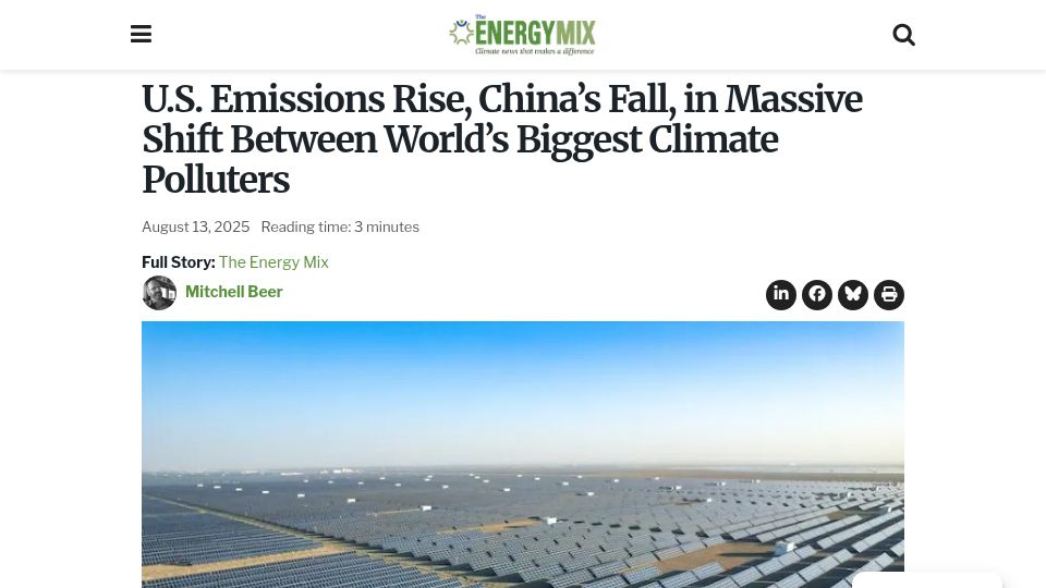 Screenshot of theenergymix.com: U.S. Emissions Rise 4.2%, China's Fall 2.7%