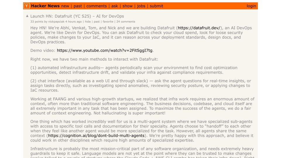Screenshot of Hacker News post: Launch HN: Datafruit (YC S25) – AI for DevOps