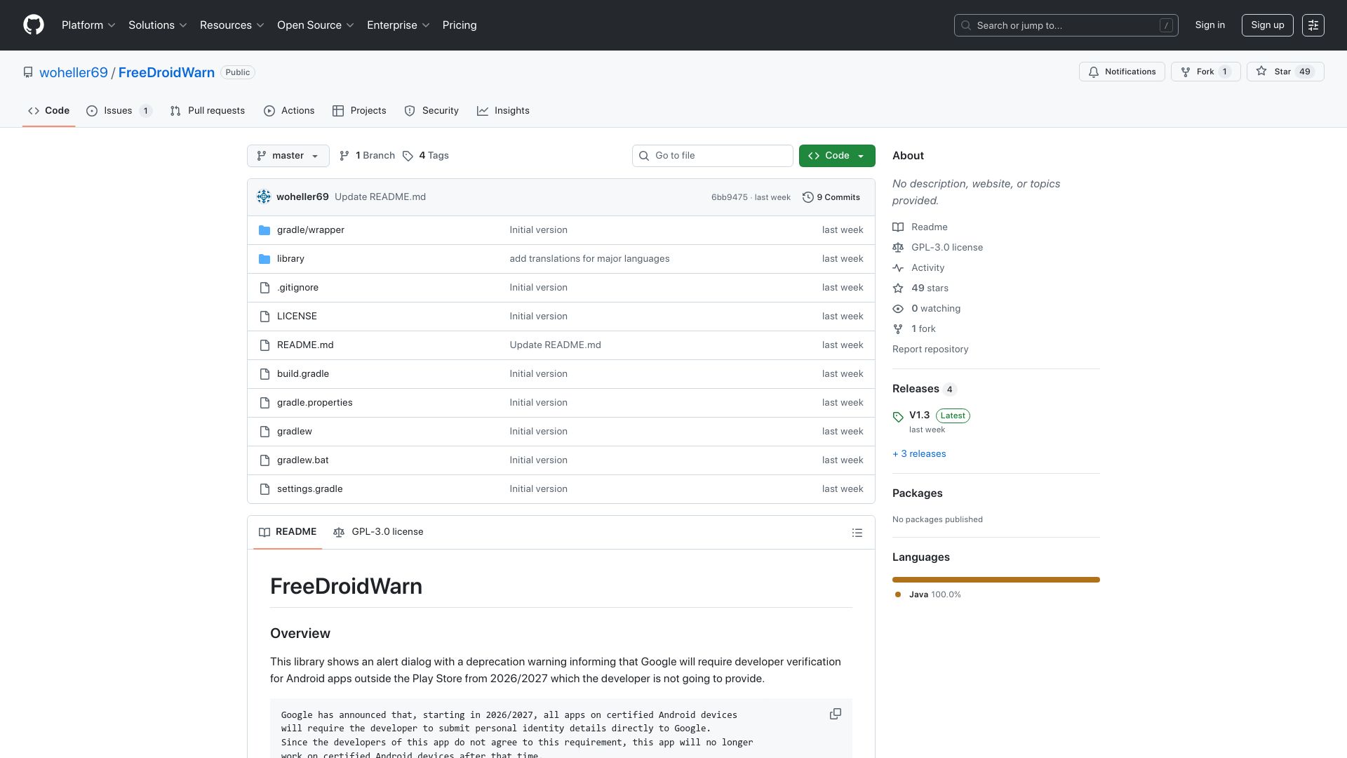 Screenshot of github.com: FreeDroidWarn