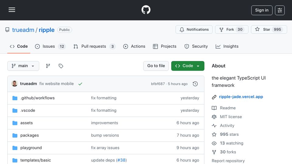 Screenshot of github.com: Ripple – A TypeScript UI framework that takes the best of React, Solid, Svelte