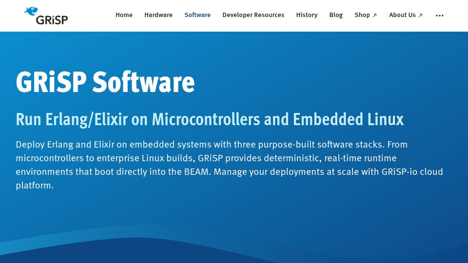 Screenshot of grisp.org: Run Erlang/Elixir on Microcontrollers and Embedded Linux
