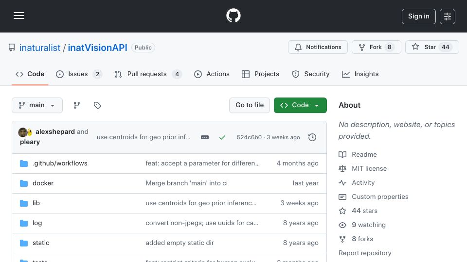 Screenshot of github.com: iNaturalist keeps full species classification models private