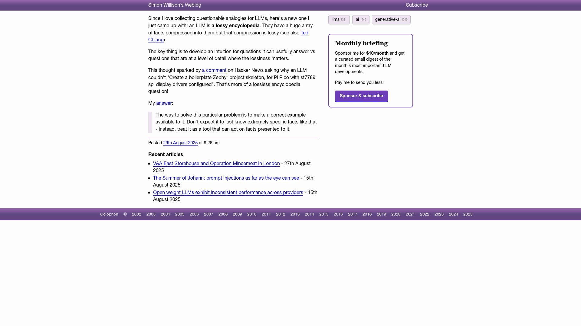 Screenshot of simonwillison.net: An LLM is a lossy encyclopedia