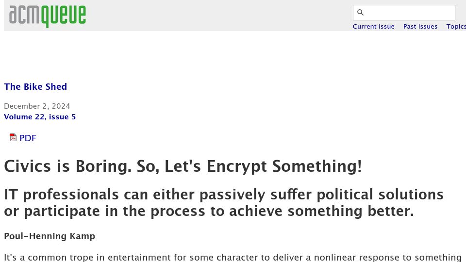Screenshot of queue.acm.org: Civics is boring, so, let's encrypt something (2024)
