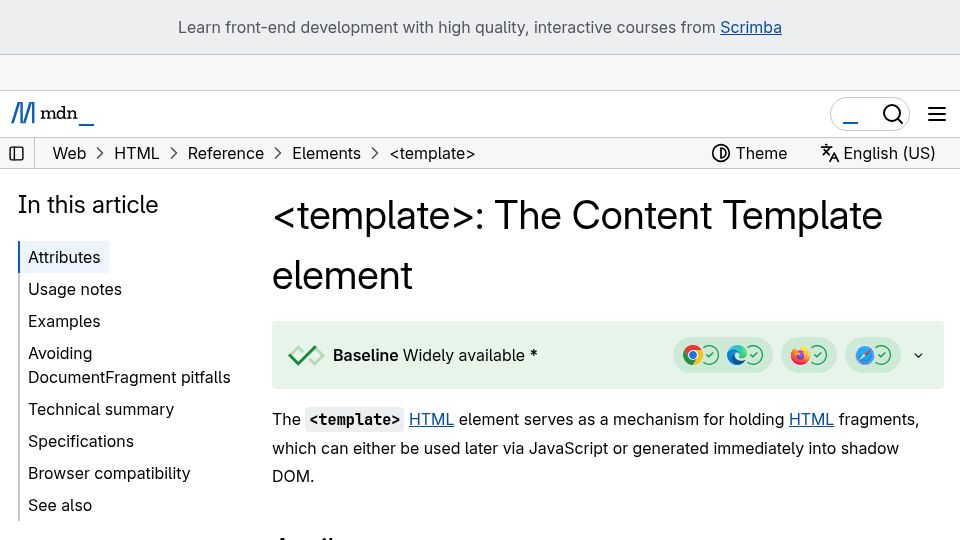 Screenshot of developer.mozilla.org: <template>: The Content Template element