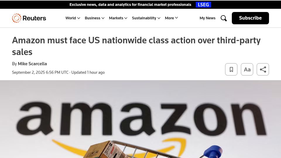 Screenshot of reuters.com: Amazon must face US nationwide class action over third-party sales