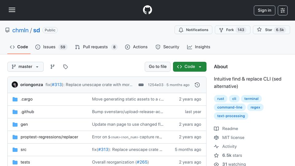 Screenshot of github.com: Intuitive find and replace CLI (sed alternative)