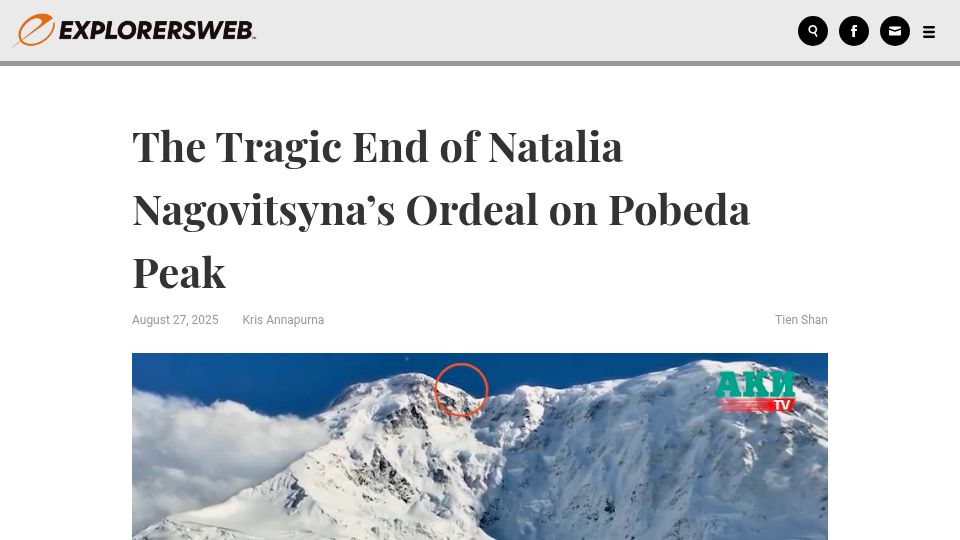 Screenshot of explorersweb.com: The Tragic End of Natalia Nagovitsyna's Ordeal on Pobeda Peak