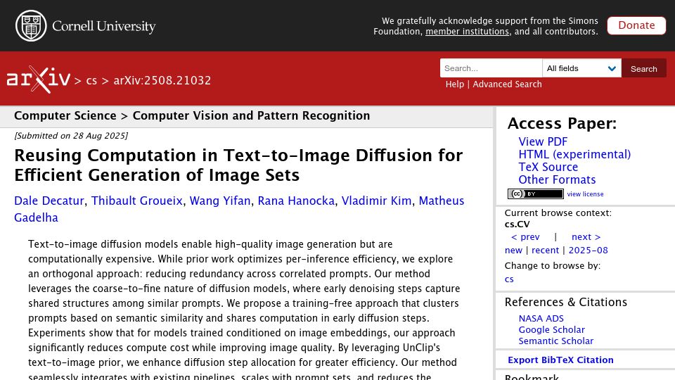 Screenshot of arxiv.org: Reusing Computation in Text-to-Image Diffusion for Efficient Image Generation