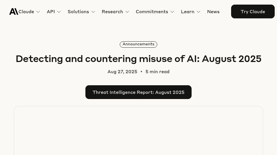 Screenshot of anthropic.com: Detecting and countering misuse of AI