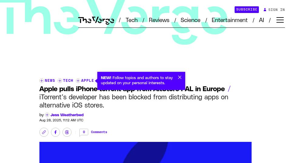 Screenshot of theverge.com: Apple pulls iPhone torrent app from AltStore PAL in Europe