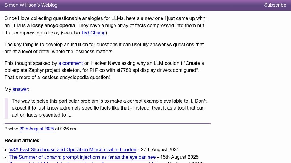 Screenshot of simonwillison.net: An LLM is a lossy encyclopedia