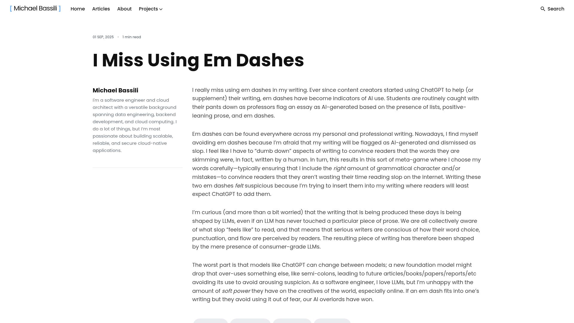 Screenshot of bassi.li: I Miss Using Em Dashes
