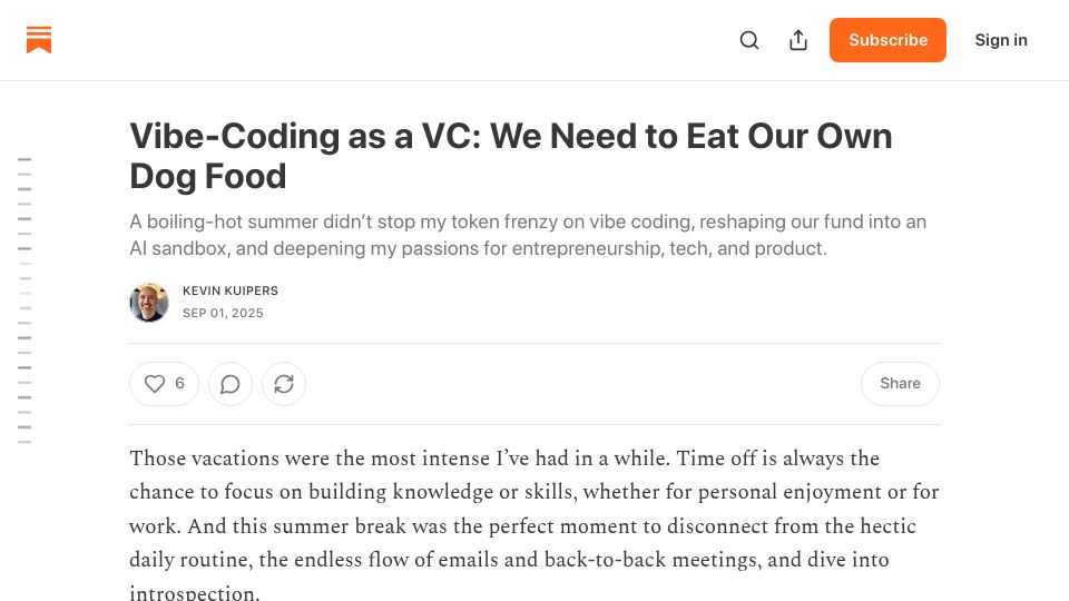 Screenshot of kevinkuipers.substack.com: Vibe coding as a VC