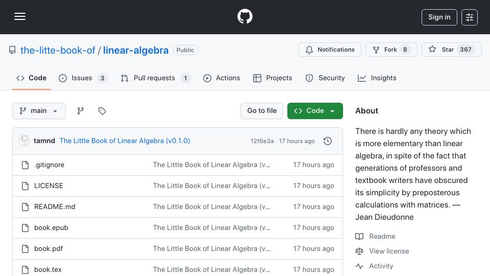Screenshot of github.com: The Little Book of Linear Algebra