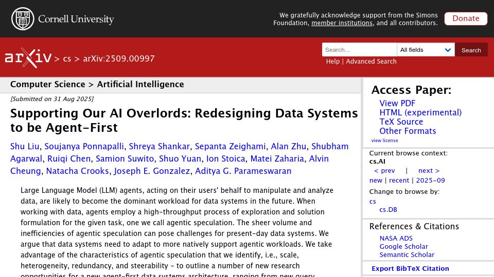 Screenshot of arxiv.org: Supporting Our AI Overlords: Redesigning Data Systems to Be Agent-First