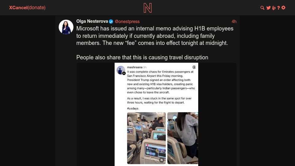 Screenshot of xcancel.com: Microsoft memo advises H1B employees to return immediately if currently abroad