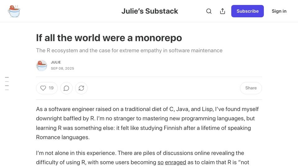 Screenshot of jtibs.substack.com: If all the world were a monorepo