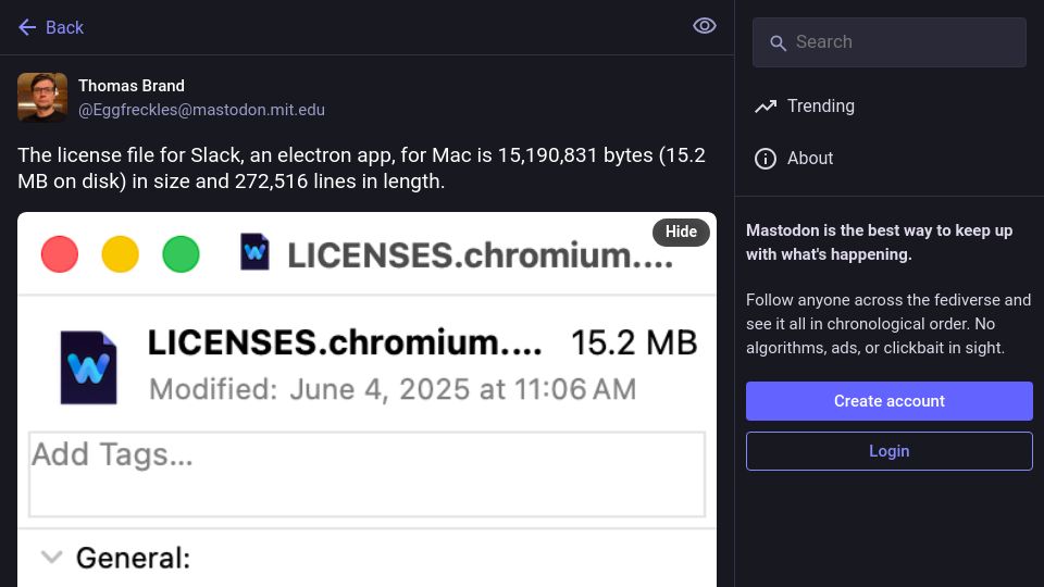 Screenshot of mastodon.mit.edu: Did you read the quarter-million-line license for your Slack app?