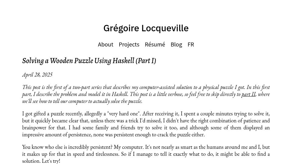 Screenshot of glocq.github.io: Solving a wooden puzzle using Haskell