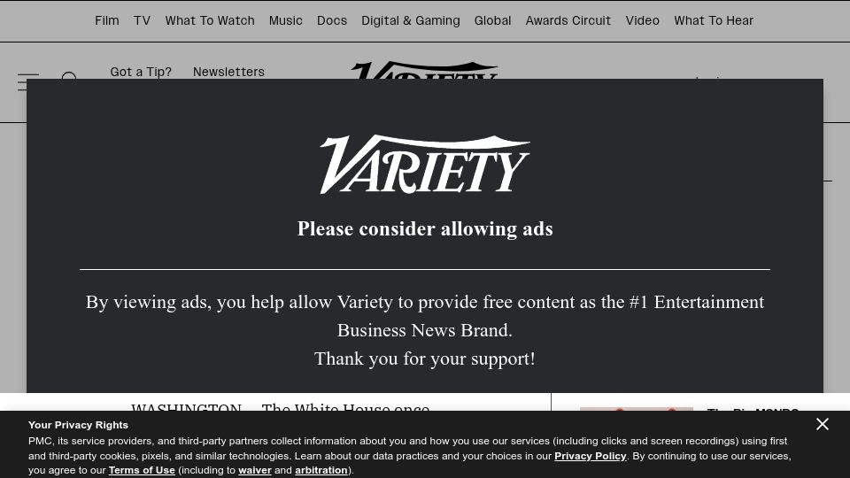 Screenshot of variety.com: White House keeps heat on ABC's Maher